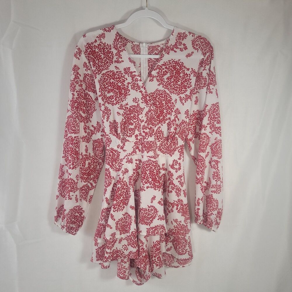 Relipop Red White Floral Damask Long Sleeve Ruffle Skirt Romper Dress V-Neck XL
